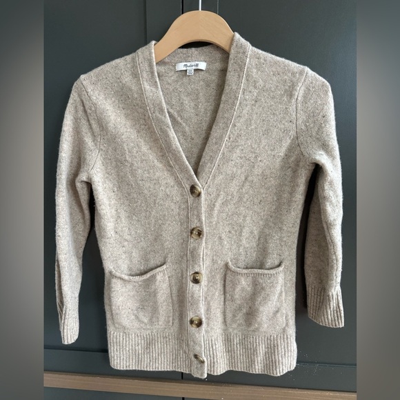 Madewell Flecked Merino Wool Tan V-Neck Cardigan Sweater Tortoise Buttons •xxs - Picture 1 of 5